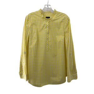 Talbots 100% Cotton Yellow Gingham Popover Blouse Roll Tab Sleeves L NWOT